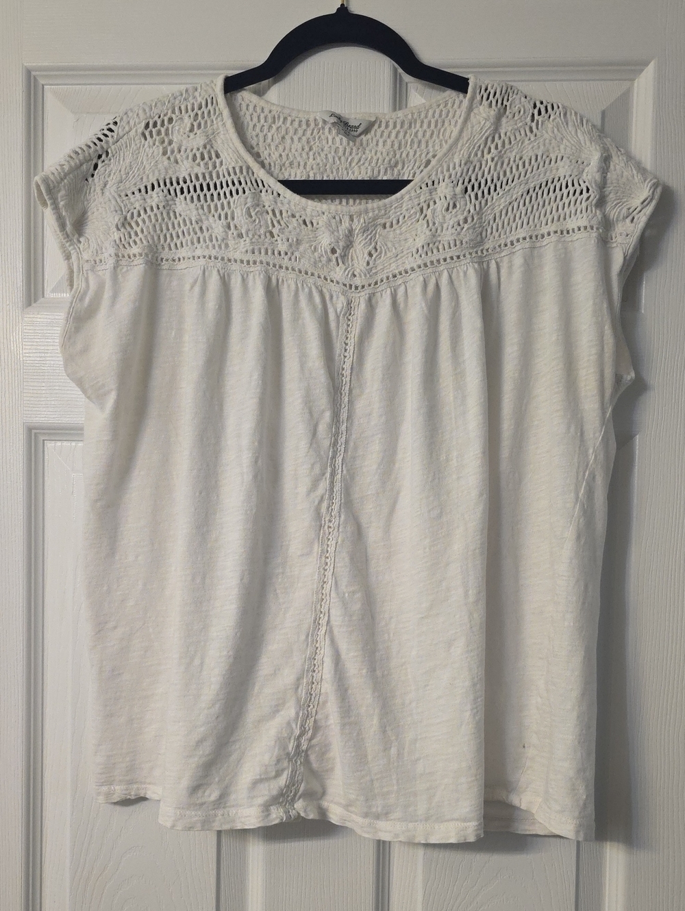 Lucky Brand White Crochet Yoke Cap-Sleeve Top